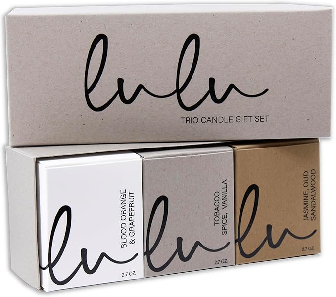 Lulu Candles | Jasmine, Oud & Sandalwood, Tobacco Spice & Vanilla, Blood Orange & Grapefruit | Luxury Scented Soy Jar Candle | Hand Poured in The USA | Highly Scented (Gift Set 3 PC - 2.7 Oz Votives)