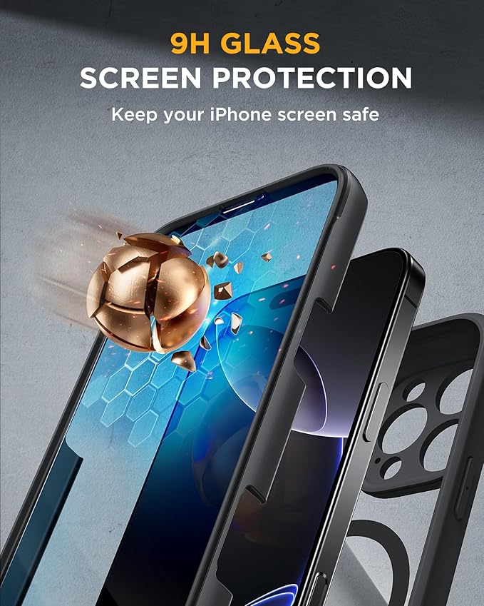Miracase Magnetic for iPhone 16 Pro Case Full-Body Phone with Built-in Glass Screen Protector, [Compatible with MagSafe] Military Drop Proof 16 Pro Cover Bumper 6.3 inch, Black