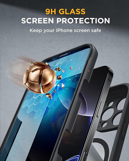 Miracase Magnetic for iPhone 16 Pro Case Full-Body Phone with Built-in Glass Screen Protector, [Compatible with MagSafe] Military Drop Proof 16 Pro Cover Bumper 6.3 inch, Black