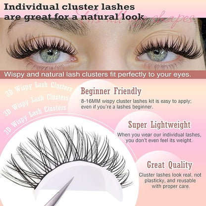 Natural Lash Extension Kit 8-16mm Lash Clusters Wispy Eyelash Clusters Sweatproof Lash Clusters C Cluster 144pcs with Bond and Seal Lash Glue and Eyelash Extension Tweezers DIY at Home