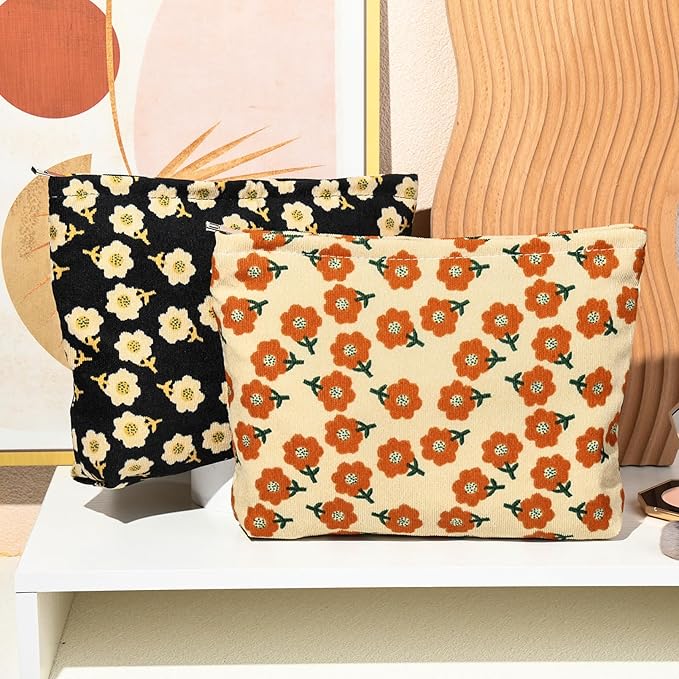 2 Pieces Flower Makeup Bag Large Corduroy Cosmetic Bag Capacity Canvas Travel Toiletry Bag Organizer Cute Makeup Brushes Aesthetic Accessories Storage Bag for Women, Flower L Orang Black