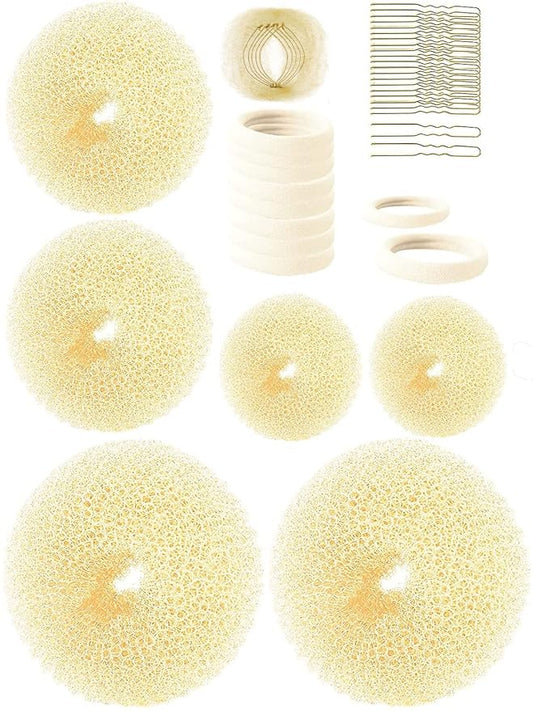 Hair Bun Maker (37 Count, 3.5 inches Large, 3 inches Medium, 2 inches Small, Beige), Hair Doughnut Shaper for Girl
