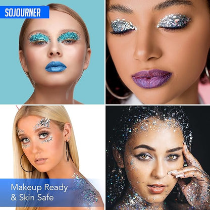 Neon Holographic Body Glitter I 12 Colors + 1 Glitter Glue for Face, Hair, Nail, Eye & Glitter Eyeshadow - Perfect for Halloween Makeup, Raves, Festivals, Resin, Tumblers, Cosmetic & Nail Art