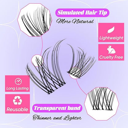 Natural Lash Clusters Kit Wispy Lash Invisible Lash Band Cluster Eyelash Extensions Kit 8-16mm Individual Lashes Extension DIY D Curl Eyelash Clusters with Waterproof Clear Lash Band Clusters