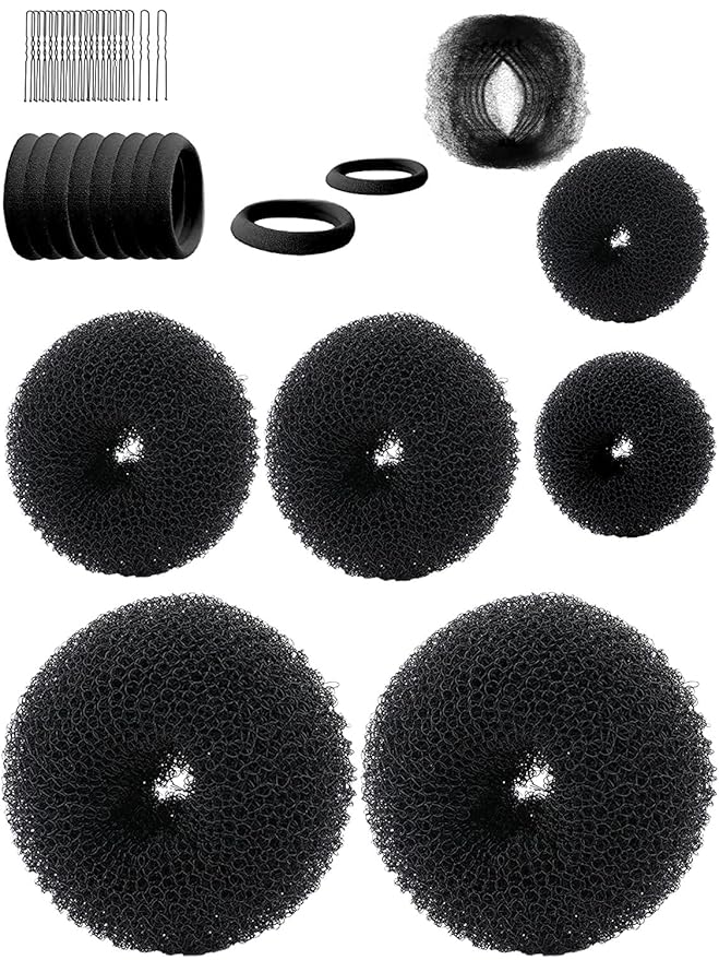 Hair Bun Maker, Hair Doughnut Shaper (6PCS, 3 Sizes: Large 3.5IN, Medium 3IN, Small 2IN, Black) - Hair Styling Accessories Kit Includes Elastic Bands, Bobby Pins, Invisible Hair Nets