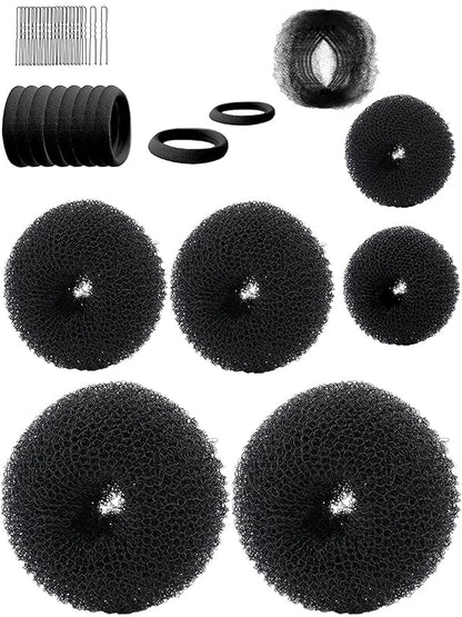 Hair Bun Maker, Hair Doughnut Shaper (6PCS, 3 Sizes: Large 3.5IN, Medium 3IN, Small 2IN, Black) - Hair Styling Accessories Kit Includes Elastic Bands, Bobby Pins, Invisible Hair Nets