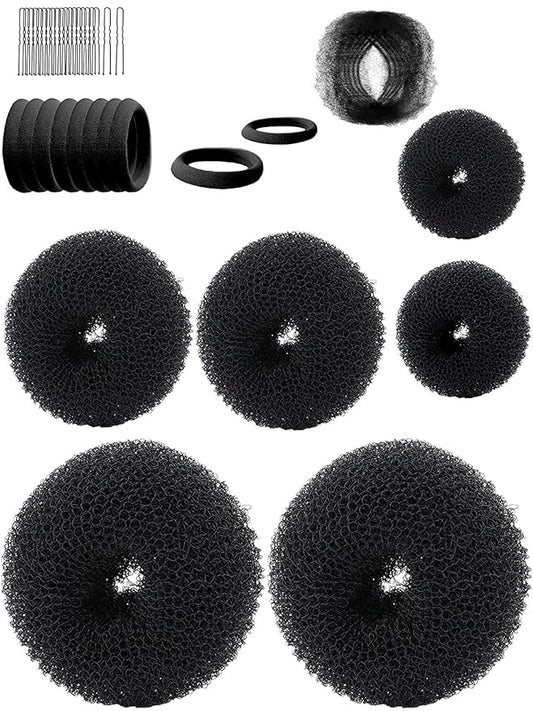 Hair Bun Maker, Hair Doughnut Shaper (6PCS, 3 Sizes: Large 3.5IN, Medium 3IN, Small 2IN, Black) - Hair Styling Accessories Kit Includes Elastic Bands, Bobby Pins, Invisible Hair Nets