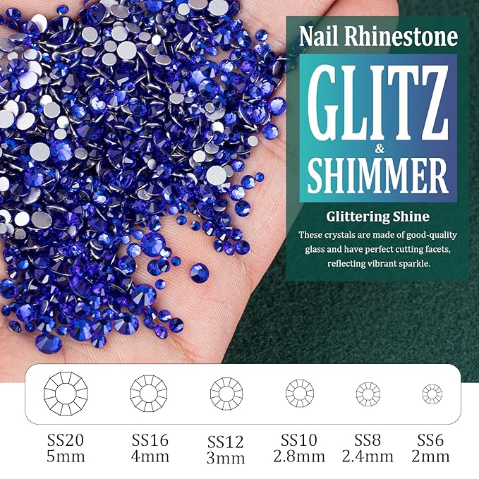 6 Sizes Royal Blue Glass Crystal Kit with Pickup Pen + Tweezer Tools for Shine Nail Art Manicure Makeup DIY Decoration Flatback Round Rhinestone Gem Jewelry Diamond