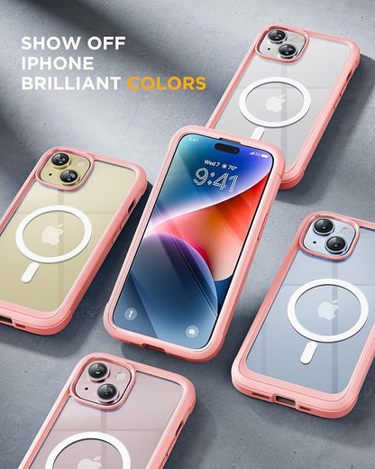 Miracase Glass Series for iPhone 15 Case [Compatible with MagSafe] Full-Body Magnetic Case with Built-in 9H Tempered Glass Anti-Fingerprint Screen Protector + Camera Lens Protector, Baby Pink