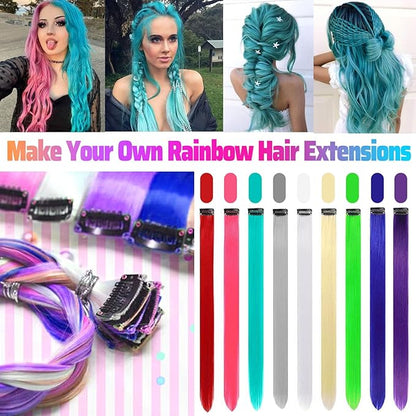 12 PCS Teal Blue Hair Extensions Clip in, Colored Party Highlights Extension for Kids Girls Synthetic Hairpiece Straight 22 inch