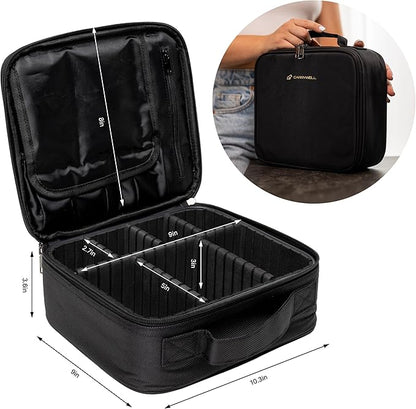 (Not Made In China) 2 Pack, Makeup Train Case, Cosmetic Bag, Portable Beauty Organizer and Storage Box With Adjustable Dividers For Make Up and Brushes (Black, Small)