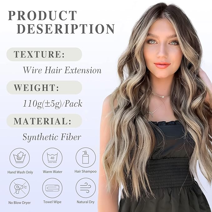 MORICA Invisible Wire Hair Extensions - 20 Inch Chocolate Brown Mix Ash Brown Long Wavy Synthetic Hairpiece with Transparent Wire Adjustable Size, 4 Secure Clips for Women