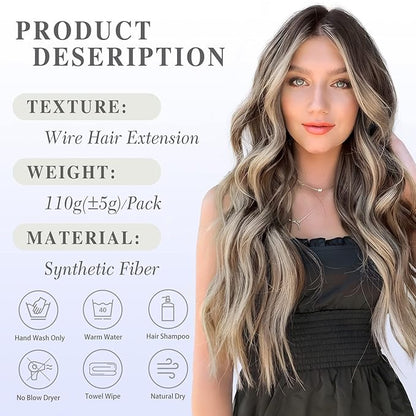 MORICA Invisible Wire Hair Extensions - 20 Inch Chocolate Brown Mix Ash Brown Long Wavy Synthetic Hairpiece with Transparent Wire Adjustable Size, 4 Secure Clips for Women