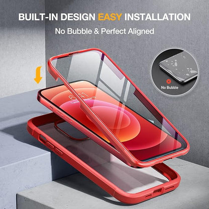Miracase Glass Series for iPhone 12/12 Pro - Full-Body Rugged Protective Case with Built-in 9H Tempered Glass Screen Protector and Camera Lens Protector - Red