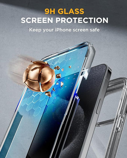 Miracase Glass Series for iPhone 15 Pro Max Case 6.7 Inch, Full-Body Drop Proof Phone Case for iPhone 15 Pro Max with Built-in 9H Tempered Glass Screen Protector + Camera Protector, Clear Black