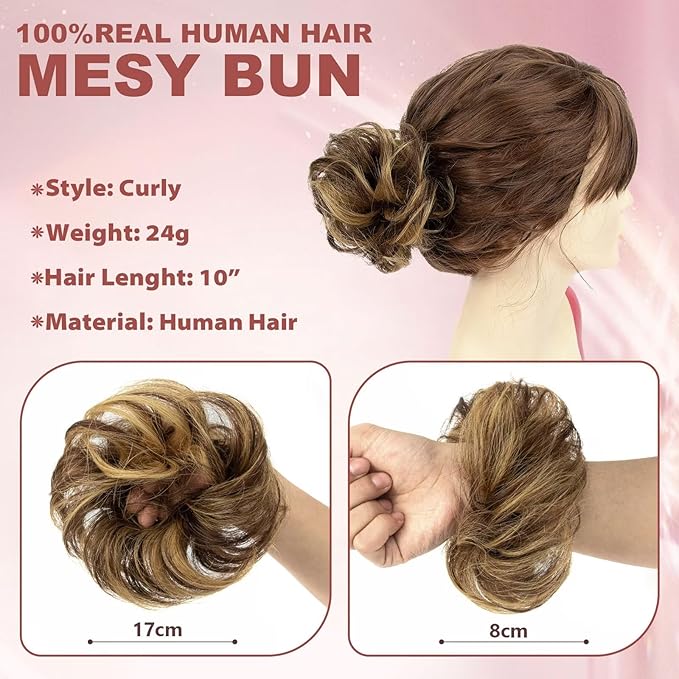 1 PCS Messy Bun Hair Piece Real Human Hair Thick Updo Wavy Curly Chignon Ponytail Hair Extensions Hair Bun Hairpieces for Women Girls (#4/27 Medium Brown/Dark Blonde)