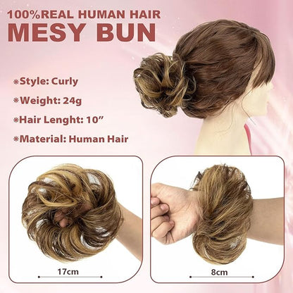 1 PCS Messy Bun Hair Piece Real Human Hair Thick Updo Wavy Curly Chignon Ponytail Hair Extensions Hair Bun Hairpieces for Women Girls (#4/27 Medium Brown/Dark Blonde)