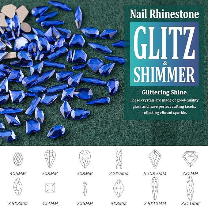 Multi Shapes Dark Blue 3D Glass Crystal Nail Art Rhinestones Kit with Flatback Round Bead Charm Gem Stone Jewelry Diamond with Pickup Pen + Tweezer for Manicure Makeup DIY Craft Decoration