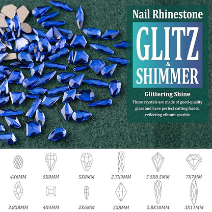 Multi Shapes Dark Blue 3D Glass Crystal Nail Art Rhinestones Kit with Flatback Round Bead Charm Gem Stone Jewelry Diamond with Pickup Pen + Tweezer for Manicure Makeup DIY Craft Decoration