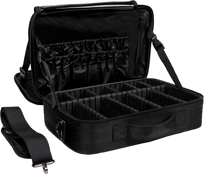 (Not Made In China) Makeup Train Case, Cosmetic Organizer Bag, Travel Make Up Storage With Adjustable Dividers For Cosmetics, Jewelry, Fragrance, Nail Polish and Brushes (1, Black, Large)