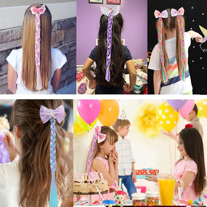 Ozzwolle 6 Pcs Girls Braid Ponytail Extensions Hairpieces, Colored Braid Hair Extensions Hair Pieces for Kids Little Girls