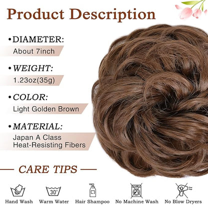 MORICA 1PCS Messy Hair Bun Hair Scrunchies Extension Curly Wavy Messy Bun Hair Synthetic Chignon Hairpieces for Women(Light Golden Brown 12#)