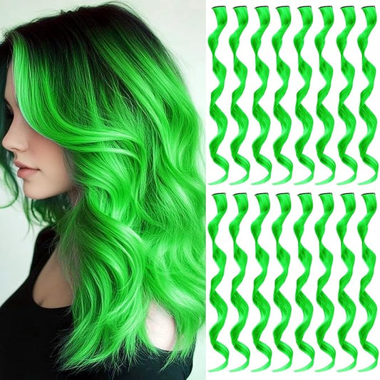 16 Pcs Colored Hair Extensions Curly Wavy Clip in Synthetic Hairpiece Streak,Colorful St.Patrick's Day Cosplay Party Highlights for Girls Women Kids Gift(Neon Green)