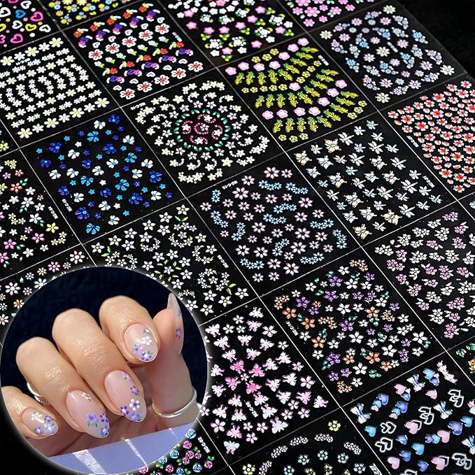 30Sheets Flower Nail Art Sticker 3D Self-Adhesive Nail Art Supplies Colorful Flowers Rose Daisy Cherry Blossoms Nail Decals Pink Floral Nail Design Cute Heart Nail Sticker for Acrylic Nails Decoration