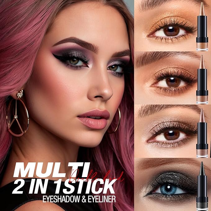 2-in-1 Gradient Eyeliner & Eyeshadow Stick Combo, Shimmer & Matte Cream Eyeshadow Pencil, Waterproof & Smudge-Proof, Long-Lasting Eye Makeup, Metallic & Neutral Shades (#01 Golden Sand)