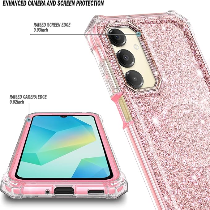 Designed for Samsung Galaxy A16 5G/4G Phone Case, Magnetic Compatible with MagSafe, [Raised Corners Drop Protection] Shockproof Protective Bumper Cover (Glitter Rose Gold)