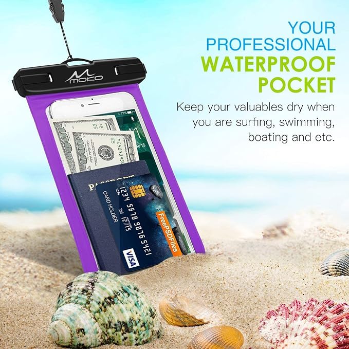 MoKo Waterproof Phone Pouch Holder, Underwater Cellphone Case Dry Bag with Lanyard Armband Compatible with iPhone 16 15 14 13 12 11 Pro Max X/Xr/Xs Max/SE 3, Samsung S24/S23/S21/S20/S10/S9, Purple