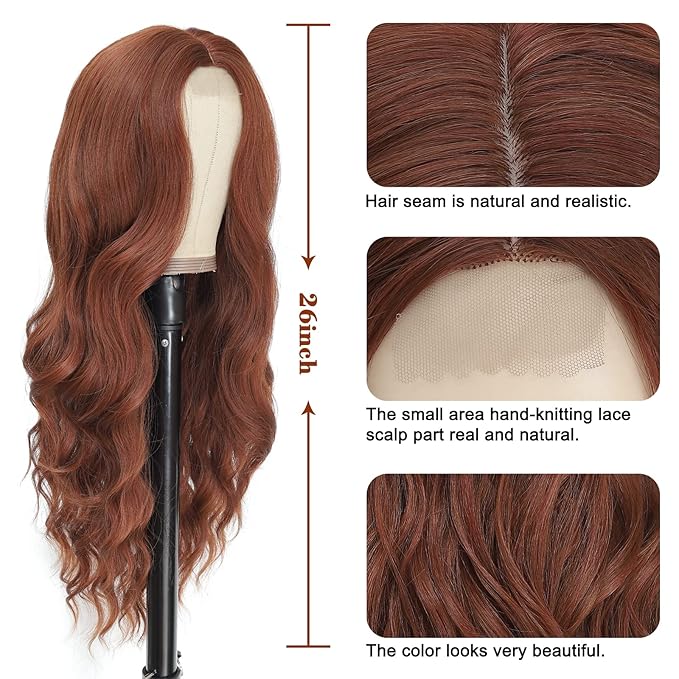NAYOO Long Auburn Wavy Wig for Women 26 Inch Middle Part Curly Wavy Wig Natural Looking Synthetic Heat Resistant Fiber for Daily Party Use (Auburn)