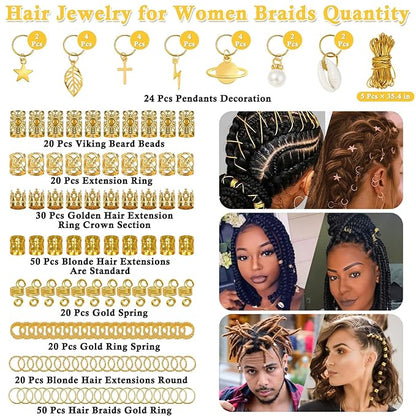 Lucomb 259 Pcs Hair Jewelry for Braids, Loc Jewelry for Hair Dreadlock, Charm Accessories for Women, Metal Gold Braids Rings Cuffs Clips for Dreadlock Accessories Clips Rings Extensions Decorations