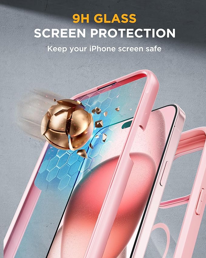 Miracase Magnetic for iPhone 15 Plus Case 6.7'' [Compatible with Magsafe] Full-Body Military Drop Proof 15 Plus Phone Case Cover with Built-in 9H Tempered Glass Screen Protector,Magnetic Pink