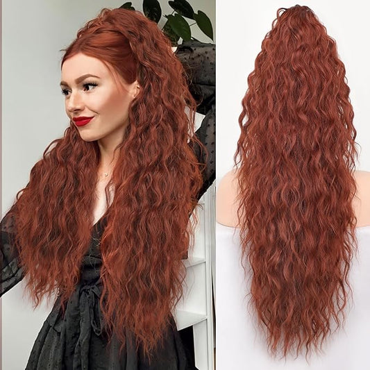 ORSUNCER Ponytail Extension Claw 26" Curly Pony Tail Clip in Claw Hair Extensions Fluffy Natural Looking Synthetic Hairpiece for Women Reddish Orange