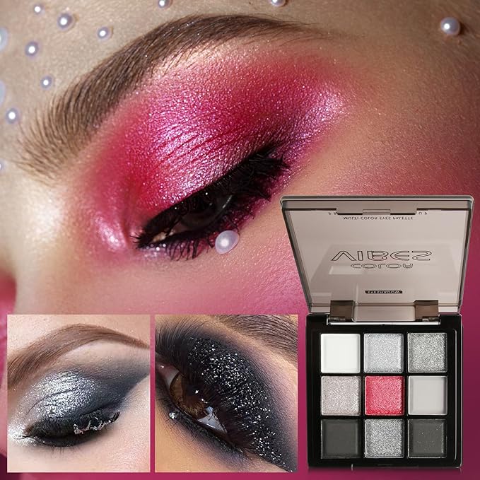 4 Pack/Set Eyeshadow Palette Set - Black Gray Rose Gold Brown Bronze Yellow Red Purple Shades, Blendable Matte & Glitter Shimmer Finishes, 24H Long Wear Eye Makeup for Christmas Party & Music Festival