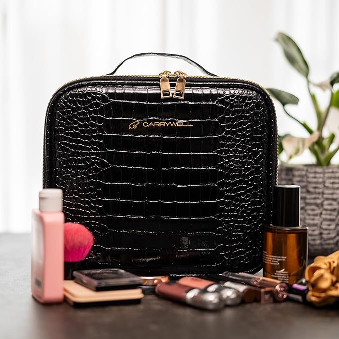 (Not Made In China) Makeup Train Case, Cosmetic Organizer Bag, Travel Make Up Storage With Adjustable Dividers For Cosmetics, Jewelry, Fragrance, Nail Polish and Brushes (1, Crocodile, Small)