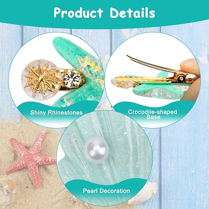 12 Pieces Catcan Starfish and Seashell Hair Clips Set - Artificial Hair Accessories for Women's Headwear Styling