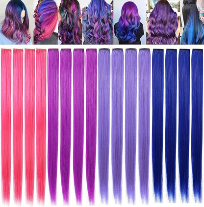 20 Inch Colored Party Highlights Straight Clip in Hair Extensions,Heat-Resistant Synthetic Hair Extensions Multicolors 12 PCS (Pink Purple Lavender Blue)