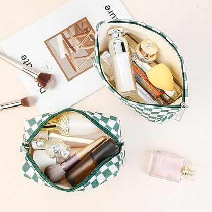 2 Pcs Checkered Makeup Bag Large Cosmetic Bag Toiletry Bag Makeup Pouch Travel Bag Organizer Cute Makeup Brushes Aesthetic Accessories Storage Bag for Women Olive Green