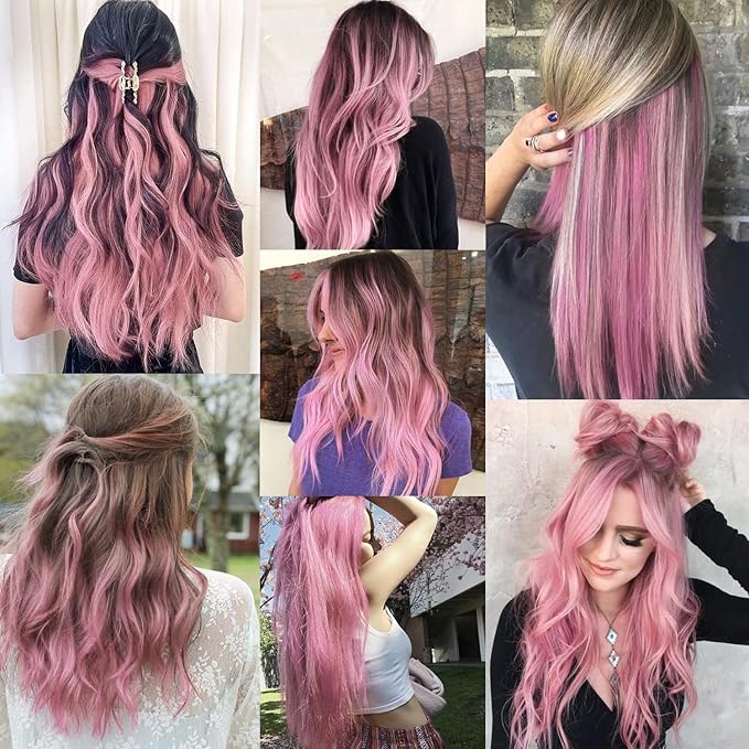 22 inch Colored Hair Extensions Straight Hairpiece, Multi-colors Party Highlights Clip in Synthetic Hair Extensions for Kids Women Gift(10 PCS Pink)