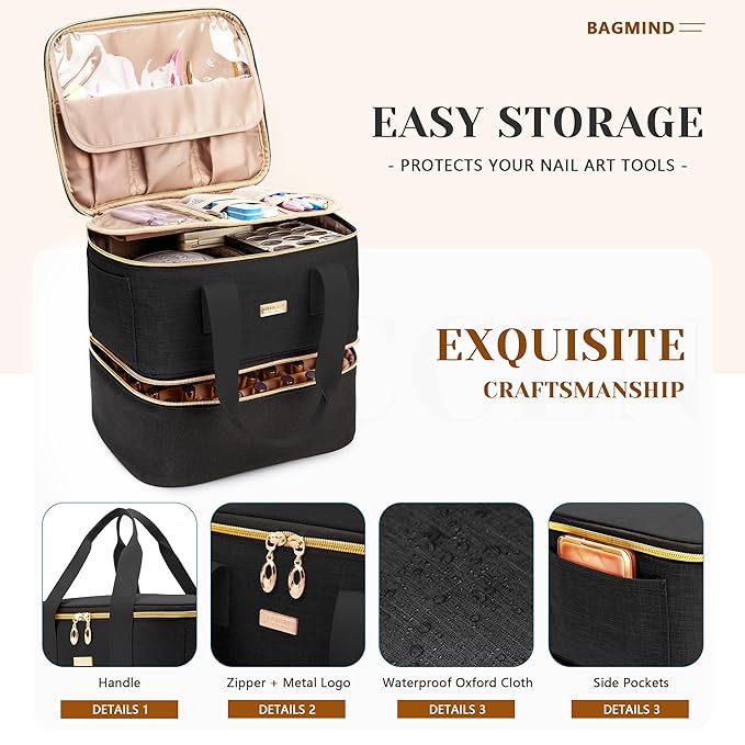 Nail Polish Organizer, Double Layer Nail Organizer and Storage Box Holds 42 Bottles & Nail Tech Kit Supplies, Large Capacity Nail Polish Organizer Case Carrying Bag, Black, BM007