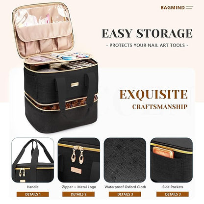 Nail Polish Organizer, Double Layer Nail Organizer and Storage Box Holds 42 Bottles & Nail Tech Kit Supplies, Large Capacity Nail Polish Organizer Case Carrying Bag, Black, BM007