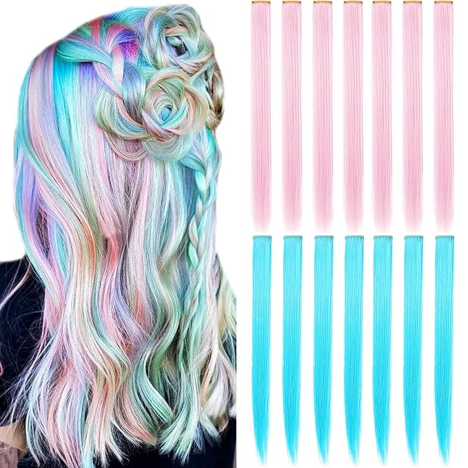 10 Pcs Colored Hair Extensions, Multi-colors Party Highlights Clip in Heat-Resistant Synthetic Hair Extensions 20 inch (Light Pink Sky Blue)