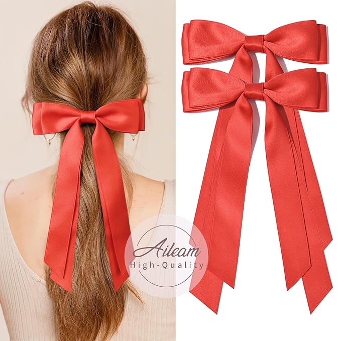 2PCS Silky Satin Hair Bows Hair Clip Red Hair Ribbon Ponytail Holder Accessories Slides Metal Clips Hair Bow for Women Girls Toddlers Teens Kids