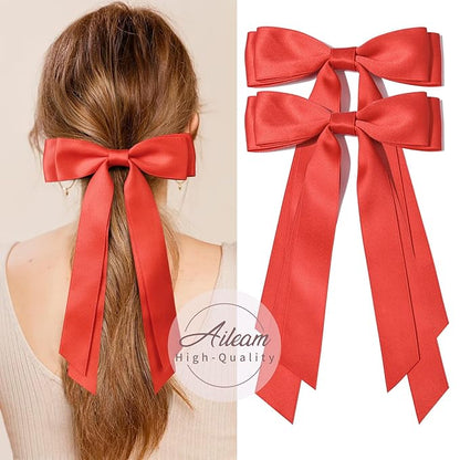 2PCS Silky Satin Hair Bows Hair Clip Red Hair Ribbon Ponytail Holder Accessories Slides Metal Clips Hair Bow for Women Girls Toddlers Teens Kids