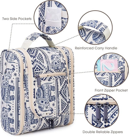 Narwey Small Hanging Toiletry Bag Women Travel Makeup Bag Organizer Toiletries Bag for Travel Size Essentials Accessories Cosmetics (Medium, Elephant)