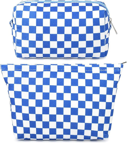 2 Pcs Checkered Makeup Bag Large Cosmetic Bag Toiletry Bag Makeup Pouch Travel Bag Organizer Cute Makeup Brushes Aesthetic Accessories Storage Bag for Women Royal Blue