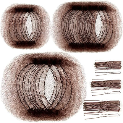 Teenitor Hair Accessories Hair Net Set, Includes 40pcs Invisible Hair Nets for Ballet Recital & 80pcs Bobby Pins for Bun Maker, Brown, 3 Size