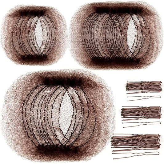 Teenitor Hair Accessories Hair Net Set, Includes 40pcs Invisible Hair Nets for Ballet Recital & 80pcs Bobby Pins for Bun Maker, Brown, 3 Size